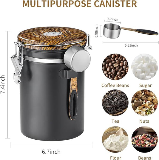 1800ml Coffee Canister Coffee Bean Storage Airtight Containers Stainless Steel Kitchen Food Storage Container with Date Tracker and Scoop for Ground coffee, Beans, Tea, Sugar, Flour, Cereal