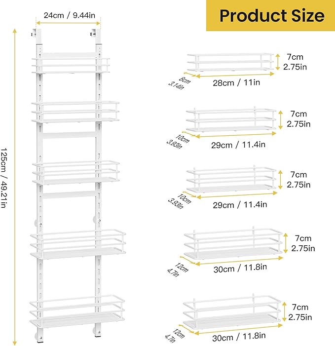 Pantry Door Organizer 12 Inch Wide, 5 Tier Hanging Adjustable Over the Door Spice Rack For Narrow Space,Matt White