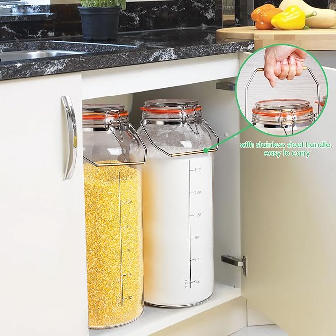 2 Gallon Glass Jar with Airtight Lid(7600ML), Gallon Airtight Glass Storage Jar with Stainless Steel Handle - Large Glass Food Storage Containers with Lids Flour, Sugar, and Dog Treats