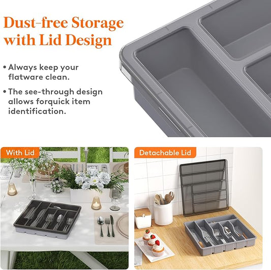 Lifewit Silverware Organizer with Lid, Covered Utensil Tray for Kitchen Drawer and Countertop, Plastic Cutlery and Flatware Storage Box for Spoons Forks Knives Holder, 6 Compartments, 2 Pack, Gray