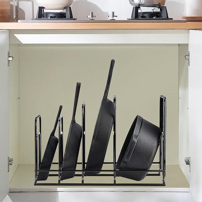 Toplife Heavy Duty Pan Organizer, 5 Tier Pot and Pan Organizer Rack for Cast Iron Skillets, Griddles and Pots - Sturdy Steel Construction- No Assembly Required - Black