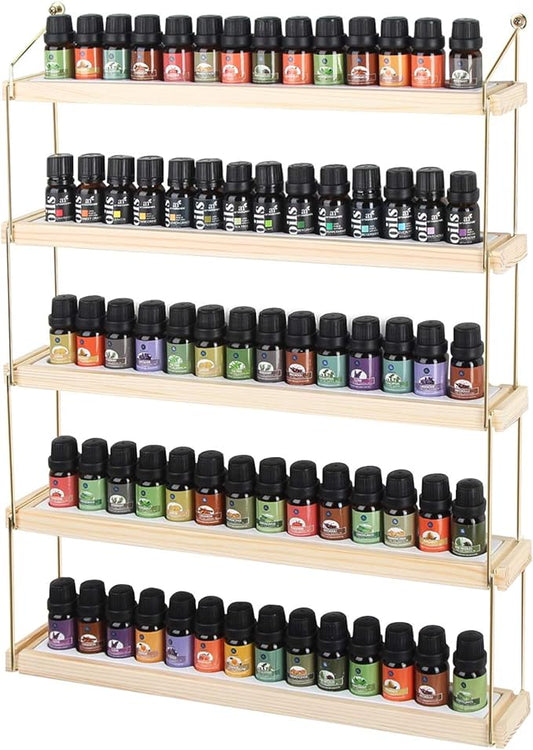 J JACKCUBE DESIGN Wall Mount Essential Oils Display Shelf with 5 Tier for 70 Bottles Holder Gold Frame and Wood Rack Organizer - MK482B