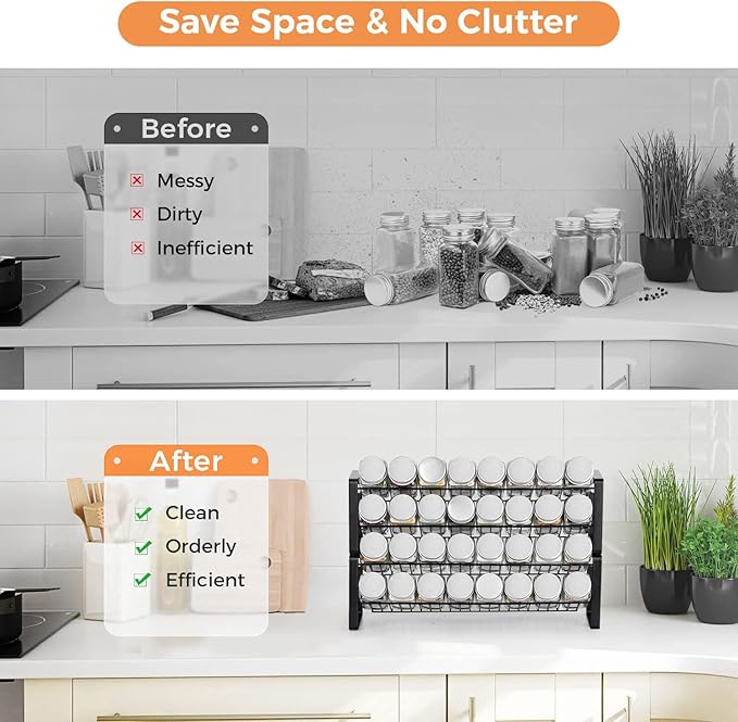 JONYJ Expandable Spice Rack Organizer for Cabinet, 4-tier Black Frosted Iron Countertop Stackable Seasoning Rack for Drawer, Wall Mount