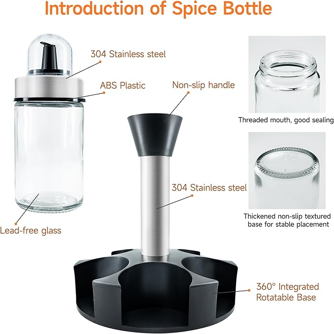 Mlici 6pc Rotating Glass Spice Jars with Base, Oil Vinegar Dispenser Set for Kitchen Countertop Storage, Space-Saving Seasoning Containers for Salt, Pepper and Olive Oil