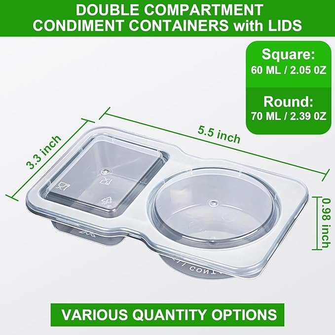32 Pack Double Compartment Condiment Container -5.5x3.3 inches Plastic Snack Containers with Lids for Sauces, and Salad Dressings | Portable Snackle Box, Portion Control & Food Storage Solution