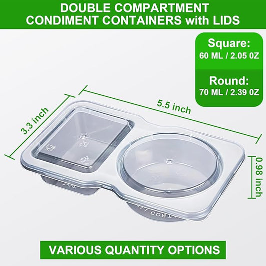 32 Pack Double Compartment Condiment Container -5.5x3.3 inches Plastic Snack Containers with Lids for Sauces, and Salad Dressings | Portable Snackle Box, Portion Control & Food Storage Solution
