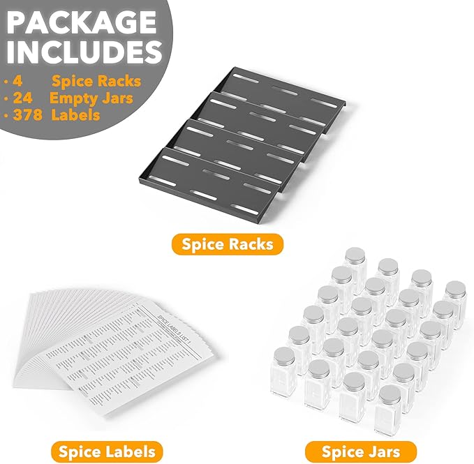 SpaceAid Spice Drawer Organizer with 24 Spice Jars, 378 White Minimalist Spice Labels, 4 Tier Seasoning Rack Tray Insert for Kitchen Drawers, 11.25" Wide x 17.5" Deep