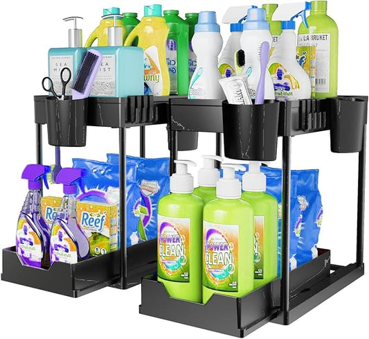 2 Pack Under Sink Organizers and Storage Bathroom, 2 Tier Under Sliding Kicthen Cabinet Basket Organizer with Hooks, Hanging Cup, Dividers, Handles, Multi-purpose Under Sink Shelf Organizer