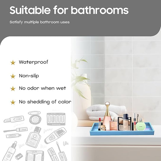 Vanity and Bathroom Tray, 15" ABS Countertop Organizer,Waterproof Vanity Tray for Toilet Tank,Perfume,Soap,Keys,Bathroom Accessories,Kitchen and Bath Trays,Non Slip Small Trays,Blue,2 Pack