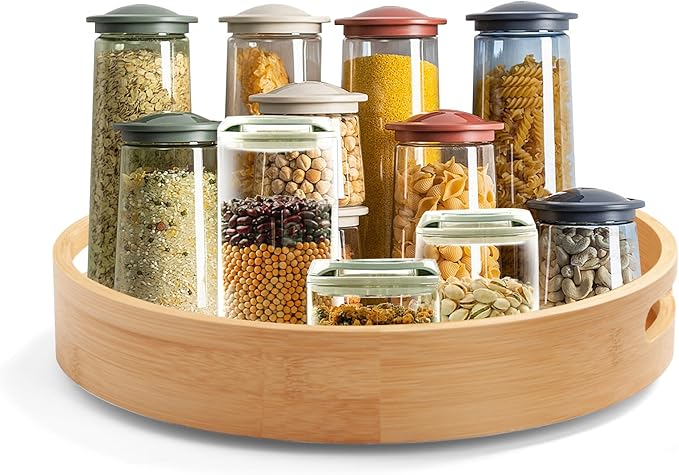 12in Lazy Susan Organizer with Large and Stable Chassis, Bamboo Spices Organizatioon Turntable for Cabinet and Table Top,360 Rotating Bamboo Spice Rack,for Kitchen Bathroom Dinning Table (12in)