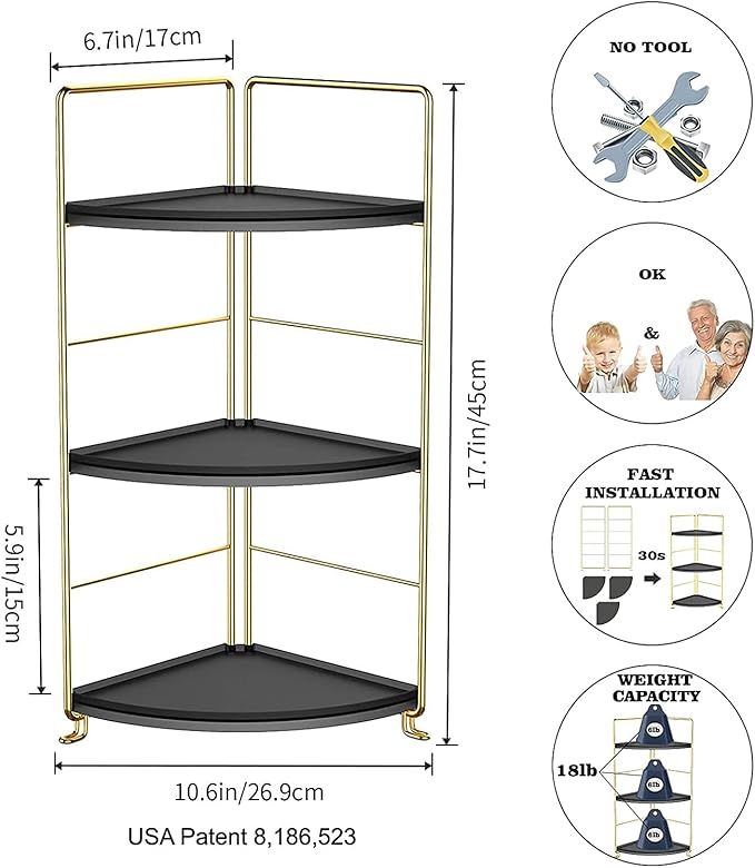 3-Tier Bathroom Countertop Organizer, Vanity Tray Cosmetic & Makeup Storage, Kitchen Spice Rack Standing Shelf, Corner Storage Shelf, Black & Golden