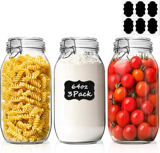 ComSaf Large Glass Jars with Lid 64 oz, Large Mason Jars Set of 3, Glass Canisters with Airtight Lids, Half Gallon Canning Jars with Seal Wire Clip Fastening for Kitchen, Pickle, Flour, Sugar, Cereal