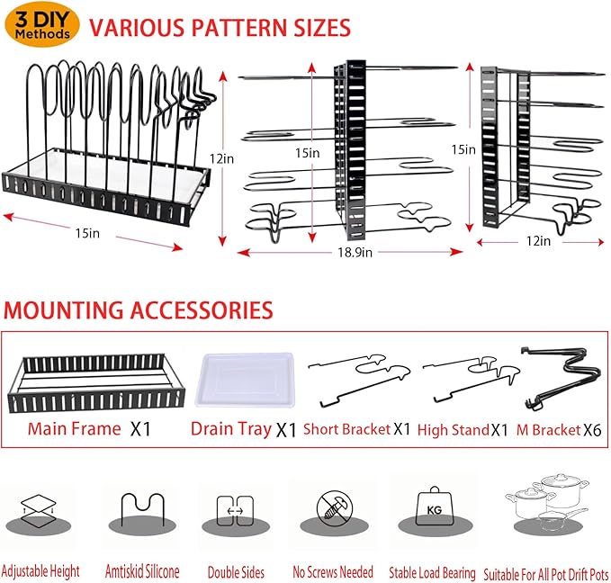 Pots and Pans Organizer for Under Cabinet, 8 Tier Adjustable Pot Organizer Rack for Under Cabinet, With Drain Tray Placeable Cookware Organizer Baking Cookie Cutting Board, 3 DIY Pot Rack Organizer