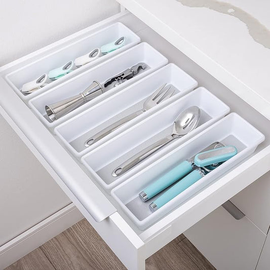 Smart Design Plastic Drawer Organizer - Set of 3-13 x 3.75 Inch – Non-Slip Lining and Feet - BPA Free – Utensils, Flatware, Personal Care, or Makeup Storage - Kitchen - White with Gray
