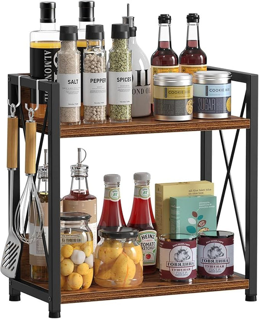Snughome Countertop Shelf Organizer, Kitchen Counter Shelf with Hooks, 2 Tier Spice Rack for Kitchen Countertop,Coffee Station，(Rustic Brown, Large)