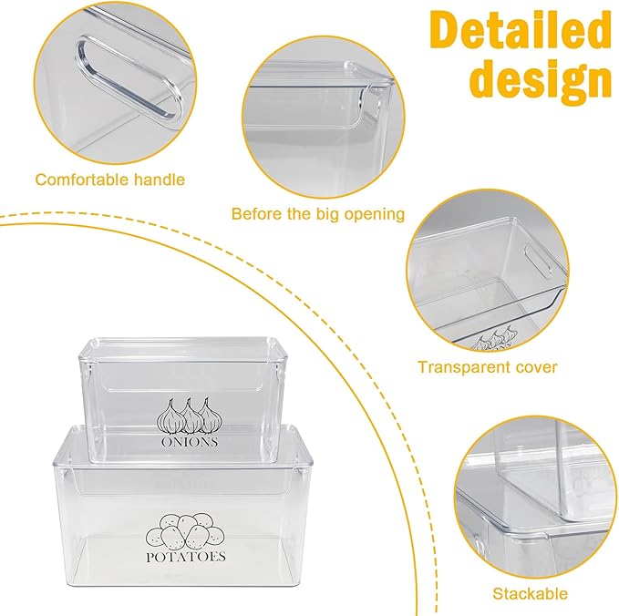 2 Pack Potato and Onion Storage Bins with Lid, Dustproof and Stackable Organizer for Kitchen, Transparent Vegetable Containers, Multi-Functional Pantry and Fridge Baskets,Food Storage Potato Box Clear