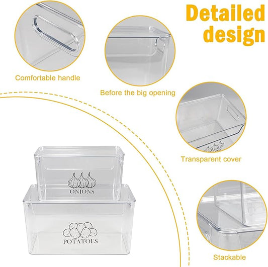 2 Pack Potato and Onion Storage Bins with Lid, Dustproof and Stackable Organizer for Kitchen, Transparent Vegetable Containers, Multi-Functional Pantry and Fridge Baskets,Food Storage Potato Box Clear