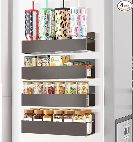 Magnetic Spice Rack Organizer for Fridge Seasoning Organizer for Kitchen storage with Screw or Adhesive Hanging,Magnetic Shelf with Hook for Refrigerator and Oven (Bronze, 4pack)