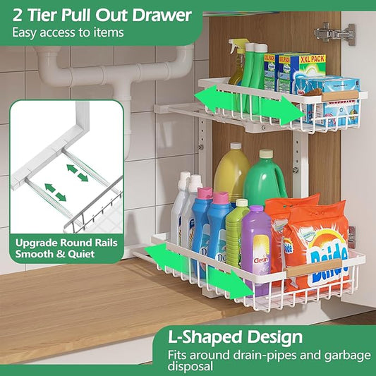 ADRIMER Under Sink Organizer 2 Packs, Pull Out Kitchen Sink Organizer, 2 Tier Slide Out Kitchen Organizers and Storage Bathroom Under Cabinet Storage Shelf, White