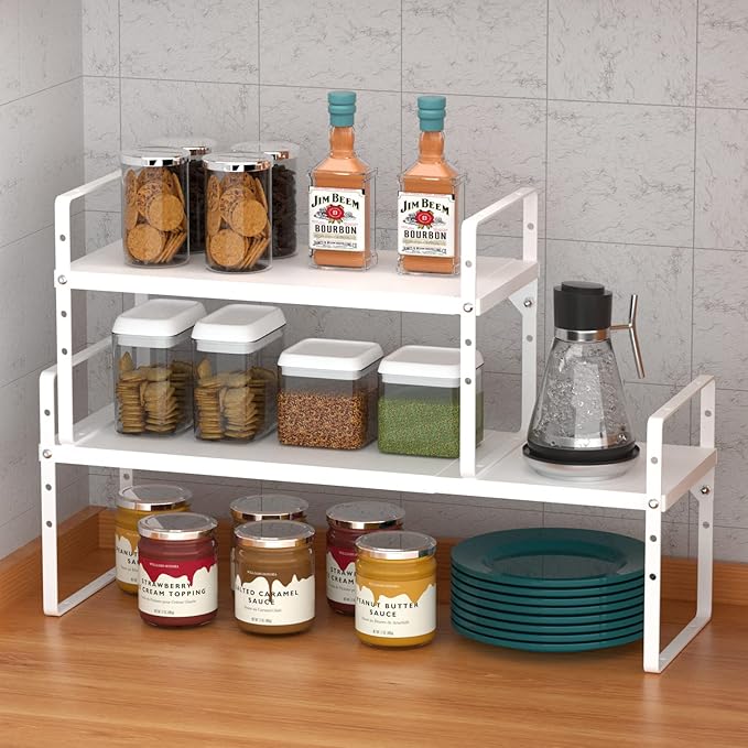 Expandable Kitchen Cabinet Shelf Organizers, Stackable Metal Pantry Storage Shelves Rack, Adjustable Counter Spice Shelf for Cabinets, Countertop, Cupboard Organizers and Storage, White
