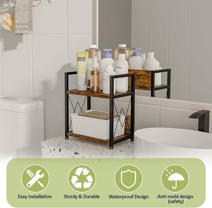 Aduanbang Coffee Bar Accessories Organizer, 2 Tier Wooden Kitchen Counter Shelf, Coffee Organizer Station for Countertop, Condiment Rack for Mugs, Cups, Cream, Syrup