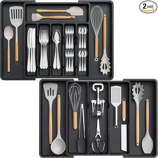 Lifewit Silverware Drawer Organizer and Utensil Organizer Set, Expandable Cooking Cutlery Tray for Kitchen, Adjustable Plastic Flatware Holder Storage Divider for Spoons Forks Knives, Large, Black