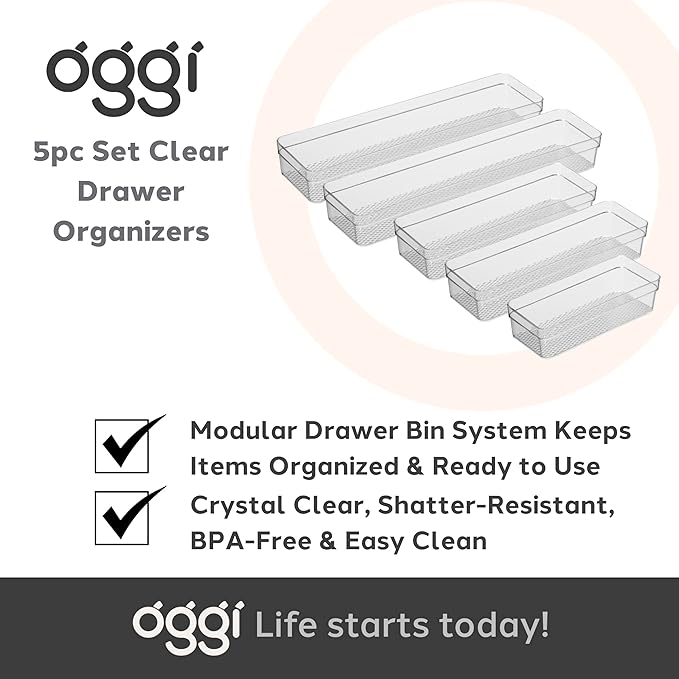 Oggi Set of 5 Clear Drawer Organizers - (1) 3x6.25, (2) 3x9.5, (2) 3x12.5 - Ideal for Organizing Kitchen Drawers, Office, Desk, Silverware, Kitchen Utensils, Cosmetics and Bathrooms