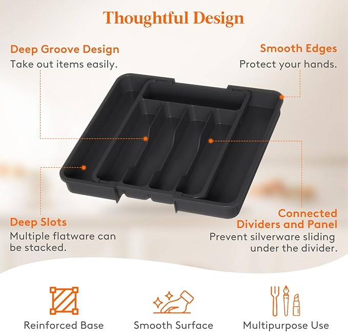 Lifewit Small Silverware Drawer Organizer, Expandable BPA Free Utensil Tray for Kitchen, Adjustable Flatware and Cutlery Holder for Spoons Forks Knives, Plastic Kitchen Organizers and Storage, Black