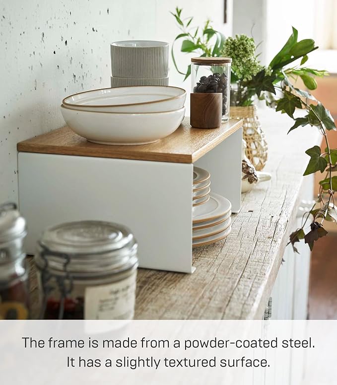 Yamazaki Home Wood-Top Stackable Kitchen Rack - Modern Counter Shelf Organizer Steel + WoodLargeWhite