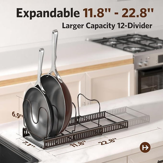 ORDORA Pots and Pans Organizer: Under Cabinet, 12 Adjustable Dividers, 11.8''-22.8'' Extendable,Pan Organizers inside Cabinet for Kitchen Storage-Bronze