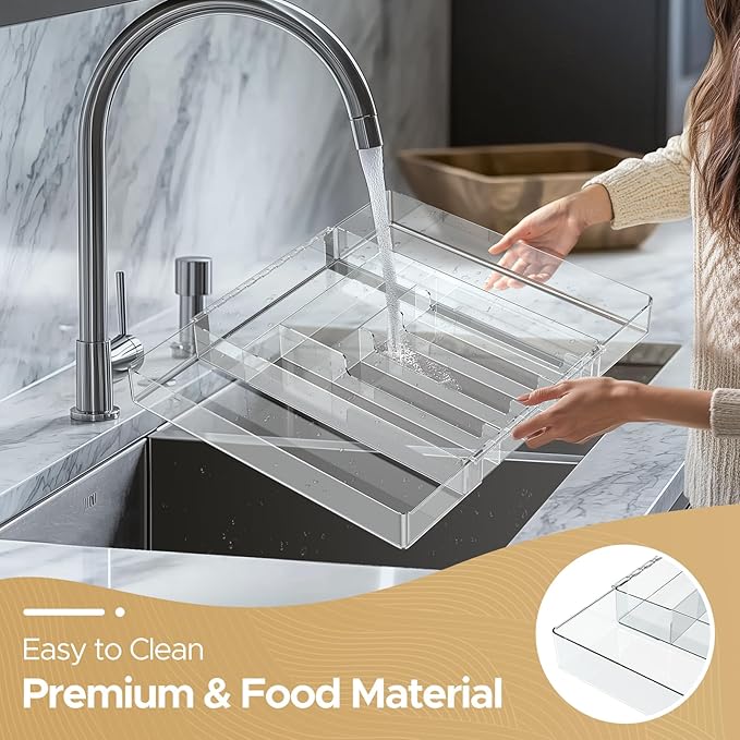 JYPS Silverware Organizer - Expandable Kitchen Drawer Organizer, Adjustable BPA Free Utensil Organizer, Cutlery Drawer Organizer for Forks, Knives, Clear Large