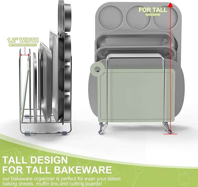 2 Pack-X-Large Kitchen Cabinet Organizer - Storage Tray Organizer Rack for Kitchen Cabinet - Divided Holder with 5 Slots for Skillets, Cutting Board, Baking Sheets(Chrome)