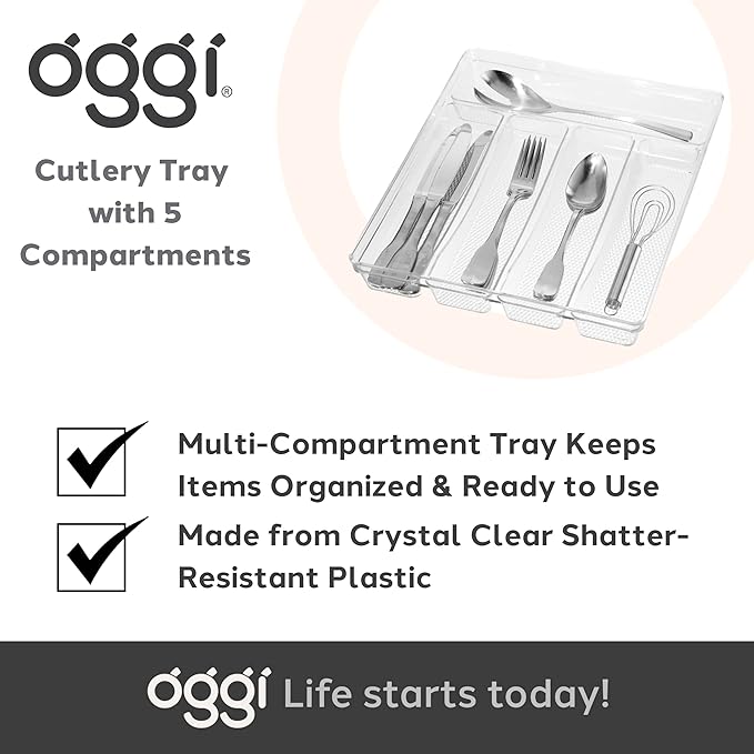Oggi Silverware Organizer, 5-Compartment, Clear