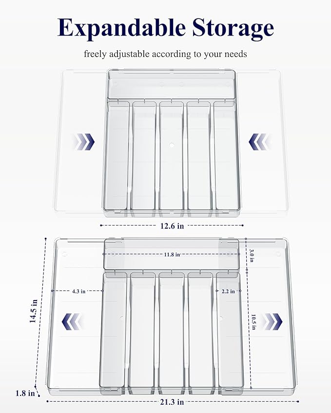 Kitsure Silverware Organizer - 8 Slots Expandable Drawer Organizer for Utensils & Cutlery, Multipurpose Kitchen Organizers and Storage Solution, Clear, 21.3" x 14.5" x 1.8"