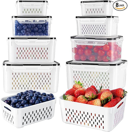 8 PCS Fruit Storage Containers for Fridge with Removable Colander, Airtight Food Storage Container, Dishwasher Safe Produce Saver Container for Refrigerator, Keep Berry Fruit Vegetable Fresh Longer…