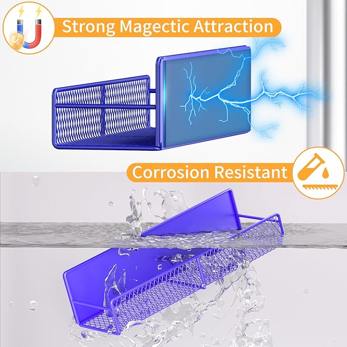 Magnetic Spice Rack for Refrigerator, 2 Pack Metal Magnetic Shelf, Moveable Spice Organizer with Hooks, Super Magnetic Fridge Shelf for Kitchen Organization and Storage, Purple Blue