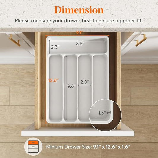 Lifewit Silverware Drawer Organizer Tray, Plastic Cutlery Storage for Kitchen Drawer, Flatware and Utensil Holder Divider for Spoons Forks Knives Tableware, 5 Compartment, White