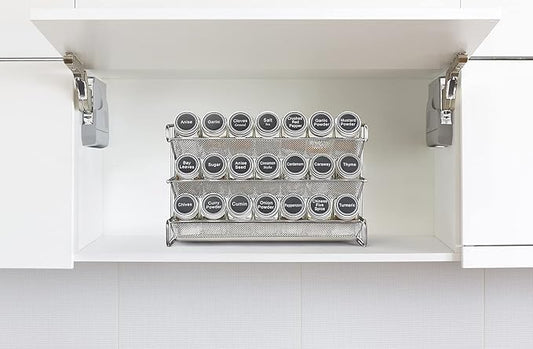 GONGSHI 3 Tier Spice Rack Organizer with 21 Empty Spice Jars, 386 Spice Labels, pen and Funnel Set for Countertop Cabinet Pantry or Wall Door Mount - Chrome