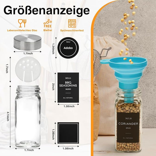 12 Pcs Glass Spice Jars with Lids, 4oz spice jars with label, seasoning containers Set, Comes with spice bottle caps, Silicone Collapsible Funnel,chalk, for Spice Rack, Cabinet, Drawer