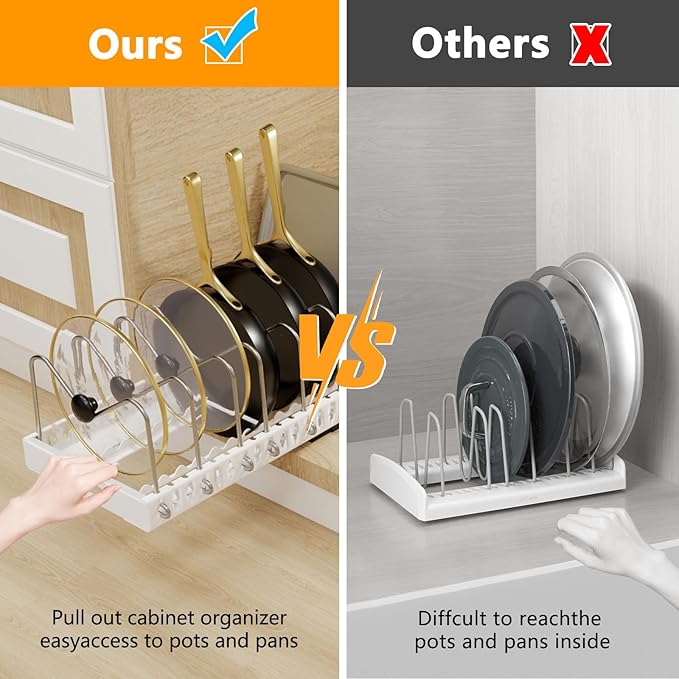 Pull Out Pots and Pans Organizer Under Cabinet, 2 Pack Pots and Pans Organizer, Sliding Lid Holder and Pan Rack in Kitchen, Slide Out inside Cabinet Storage for Pot Lid, Bakeware, Dishes, White