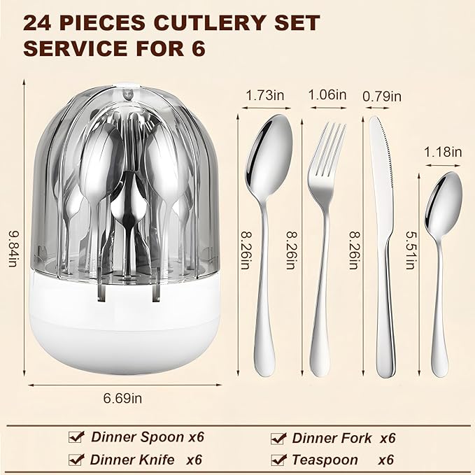 Silverware Flatware Organizers, 24 Piece Silverware Set with Organizer Box, Stainless Steel Silverware Set for 6, Kitchen Flatware Set, Cutlery Set of Steak Knives, Forks, Spoons & Dessert Spoons