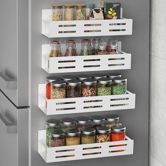 MFTEK Magnetic Spice Rack for Refrigerator, 4 Pack Spice Rack Organizer Strong Magnetic Shelf Seasoning Organizer, Metal Side Fridge Storage Rack, Space Saving Kitchen Organization
