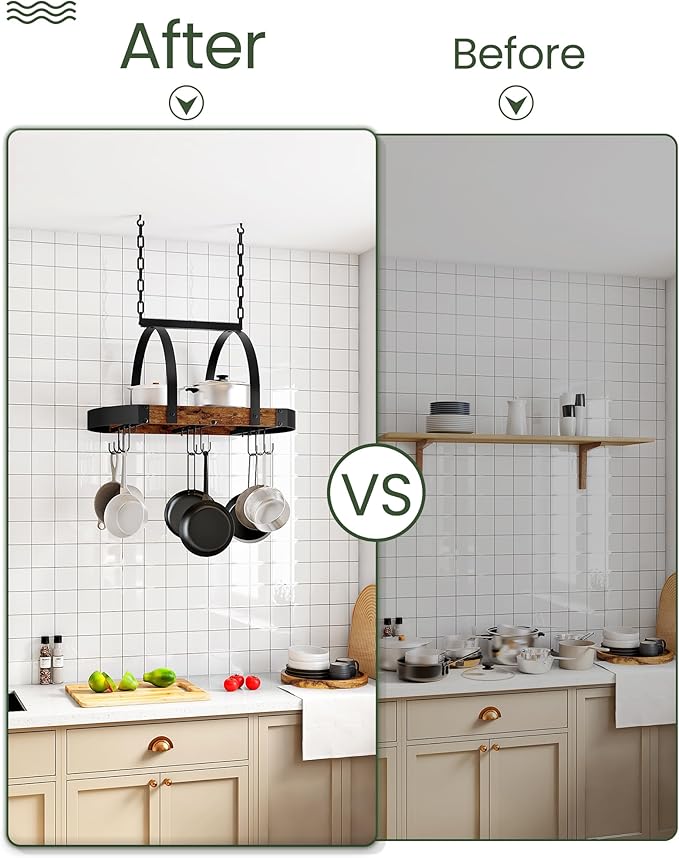 Hanging Pot Rack, Pot Hanger for Kitchen, Ceiling Mounted Pot Holder, Cookware Organizer with 9 S-Shaped Hooks, for Pot, Pan Storage, Space-Saving, Rustic Brown and Black TPR07BF