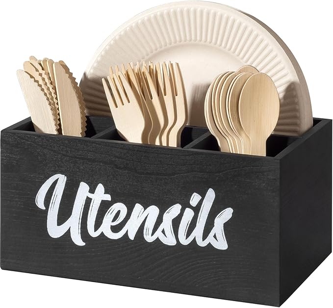 Silverware Caddy for Party with 4 Compartments, Wooden Kitchen Utensil Holder for Countertop, Picnic Utensils Storage Organizer, Plastic Cutlery Holder, Flatware Caddy for Spoon, Fork(Black)