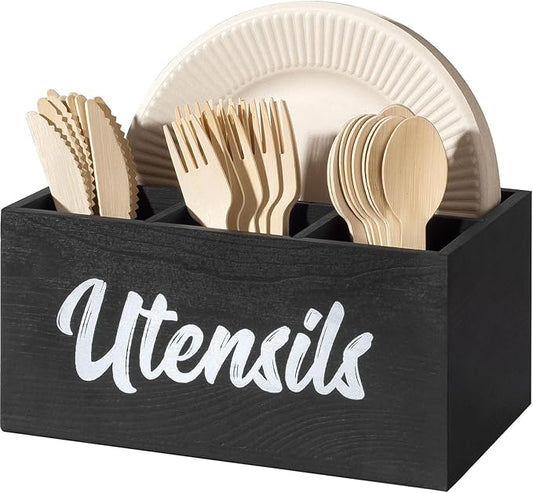 Silverware Caddy for Party with 4 Compartments, Wooden Kitchen Utensil Holder for Countertop, Picnic Utensils Storage Organizer, Plastic Cutlery Holder, Flatware Caddy for Spoon, Fork(Black)