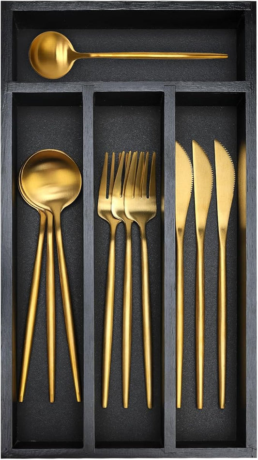Small Silverware Organizer for Drawer Bamboo Kitchen Utensil Tray Narrow Cutlery Drawer Organizer Flatware Caddy Wooden Utensil Drawers Spoon Fork Holder Black Skinny Silverware Trays Organizers