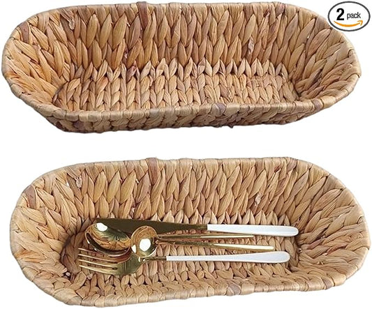 Set of 2 Small Wicker Baskets for Flatware Organizer , Silverware Caddy Utensil Caddy Basket, Bread Baskets Cutlery Holder for Party