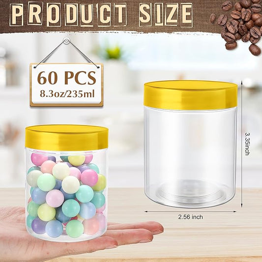 Sliner 60 Pcs 8 oz Plastic Jars with Lids Clear Round Leakproof Storage Containers Empty Refillable Plastic Mason Jars for Travel Storage Face Creams Kitchen Household Food Spice (Gold)