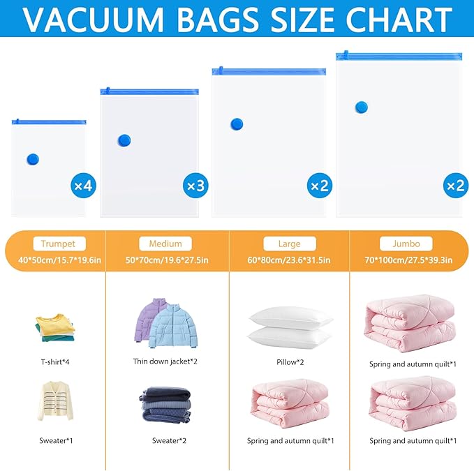 11 Pack Travel Vacuum Storage Bags with Electric Pump, 2 Jumbo+2 Large+3 Medium+4 Small Vacuum Sealer Bags, 80% Space Saver Bags for Luggage, Comforters,Blankets, Travel Essentials