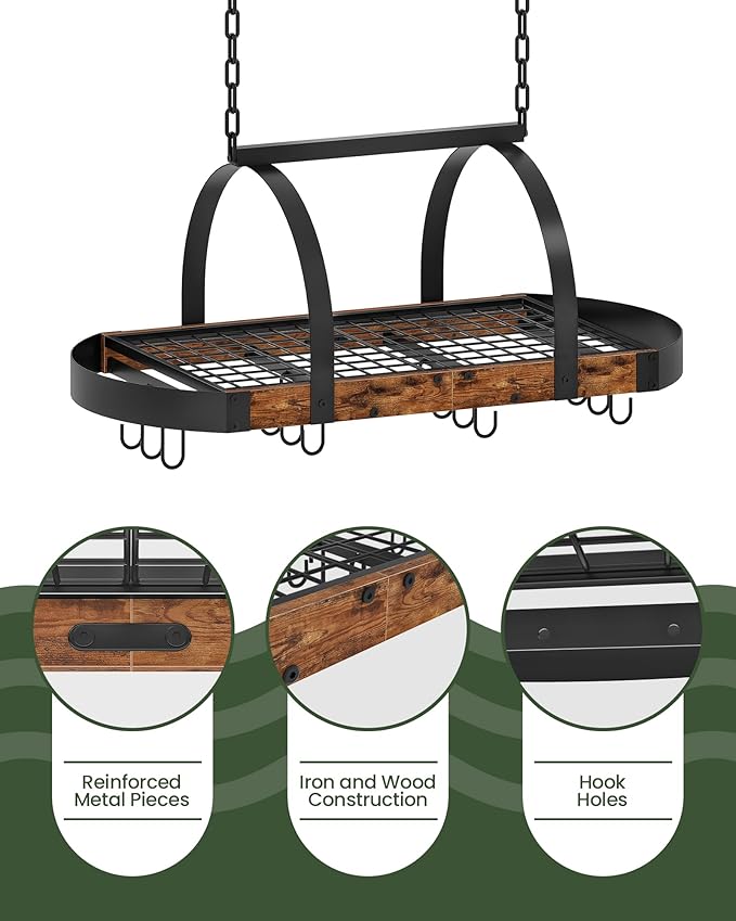 Hanging Pot Rack, Pot Hanger for Kitchen, Ceiling Mounted Pot Holder, Cookware Organizer with 12 S-Shaped Hooks, for Pot, Pan Storage, Space-Saving, Rustic Brown and Black TPR08BFC1